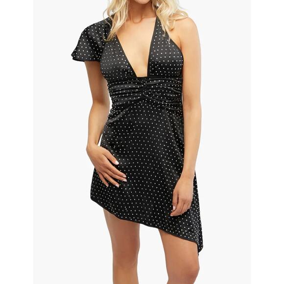 WeWoreWhat Dresses & Skirts - We Wore What Crystal Asymmetrical Satin Dress Black Rhinestone Halter Tie Neck